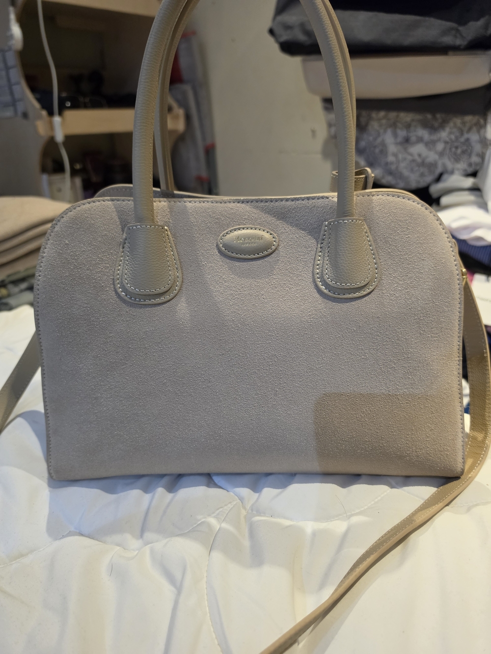 Moncrief London Beige Suede Dome Satchel Handbag